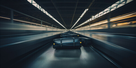 Fototapeta premium baggage moving on airport conveyor belt long exposure. Generative AI