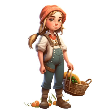 cartoon farmer girl with a basket of eggs on a white background
