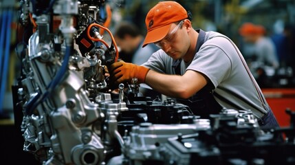 German worker working on Germany's auto factory production line. Generative AI