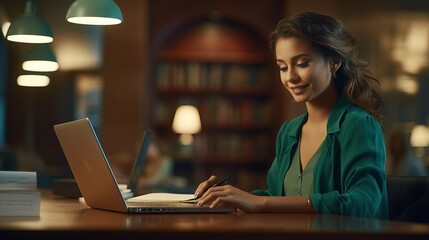 Pretty Woman with an Amazing Dark Green Dress using Her Laptop for Studying and doing her Work.