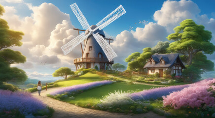 Renewable Energy Amidst Lush Green Landscape and Flowering Plants