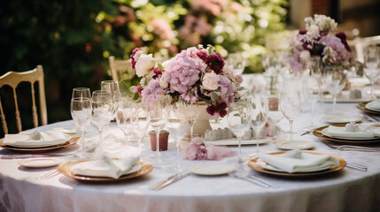 Bukiet kwiatów na nakrytym stole weselnym - przyjęcie weselne w ogrodzie. Złote krzesła i talerze.  - obrazy, fototapety, plakaty