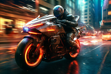 Picture of racing motorcycle with dynamic speed light trails in urban environment made with generative AI