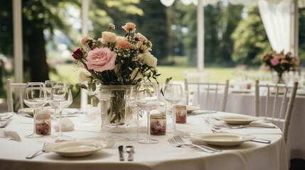 Sala weselna - nakrycie stołu weselnego. Bukiet kwiatów i biała zastawa.  - obrazy, fototapety, plakaty