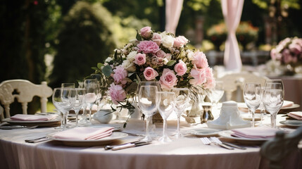 Inspiracje - dekoratorstwo. Stół na przyjęcie, wesele w ogrodzie. Bukiet kwiatów wykonany przez florystę. Szkliwo i porcelana. - obrazy, fototapety, plakaty