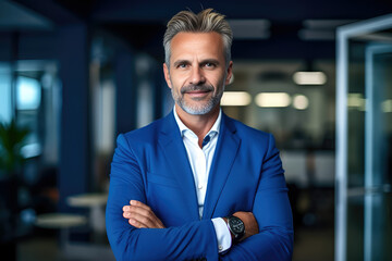 Happy middle aged business man ceo standing in office arms crossed. Smiling mature confident professional executive manager, proud lawyer, businessman leader wearing blue suit