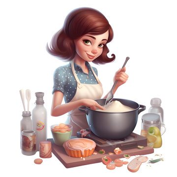 Cute young woman cooking in a casserole. Healthy food concept.