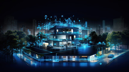 digital neighborhood, smart homes, night, data transactions, electric vehicles