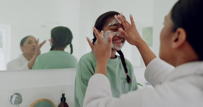Face mask, kid or mother in bathroom cleaning, grooming or bonding in happy family home together. Cosmetics, creme lotion or mom with girl child in morning routine for beauty, wellness or skincare