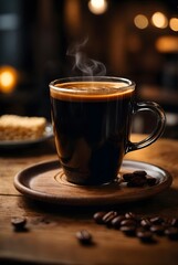 photo of a cup coffee on wooden table cafe background