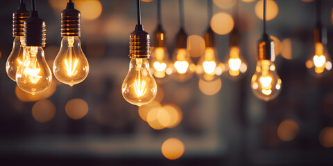 Hanging light bulbs on dark background. Cozy decoration indoor cafe or Christmas party vibe - obrazy, fototapety, plakaty