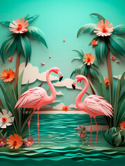 Summer background with flamingos and tropical flowers.