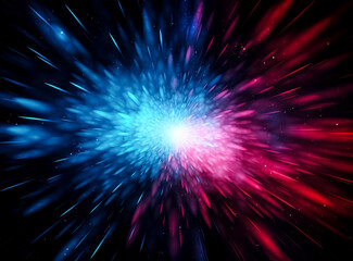 Fototapeta premium Blue, red and green burst background. Red and blue color burs moving at lightspeed in space. burst of rays of light with colors, speed, and motion. 