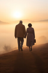African american couple walking side by side.  sunset hill. back view, rear view, full view.