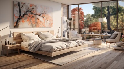 Interior of spacious bright bedroom in rustic cottage. Natural colors, white walls, wooden elements of decoration, big posters on the wall, panoramic windows with stunning forest view. 3D rendering.
