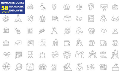 58 line icons related to human resources, teamwork, and employees,Management, Leadership, Collaboration. icons are ideal for HR presentations, team building activities, and employee training materials