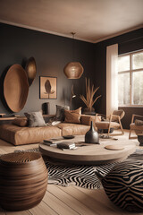 Fototapeta na wymiar Afrscan style interior of living room in luxury house.