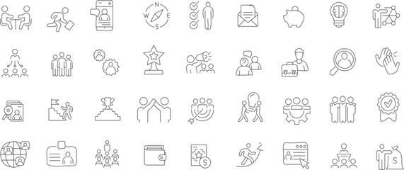 Human resources line icon sheet. Features icons related to human resources, teamwork, employee training and development, recruitment, and performance management