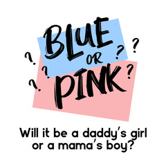 Blue or Pink? Gender reveal party card, banner vector element design. Invitation card template with a multi-colored inscription