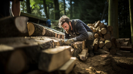 丸太を製材加工をする男の人