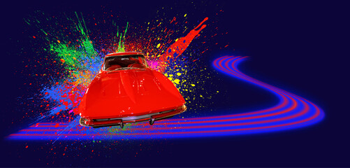 Sports cars in paint splatter, dynamic car. Fantasy art collage, creative design with neon road