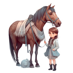 Cute little girl and a horse. Hand drawn vector illustration.