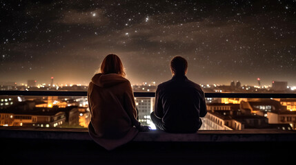 Romantic evening. Young man and woman sitting on the rooftop in the middle of the night and watching the stars. Generative AI