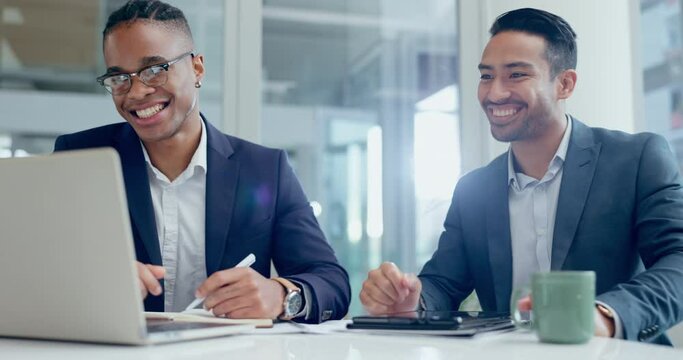 Laptop, meeting and planning with business people shaking hands in the boardroom of a corporate workplace. Handshake, thank you or partnership with a employee team in agreement of a deal or strategy