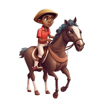 Illustration of a little boy riding a horse on a white background