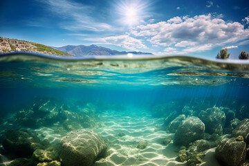 Fototapeta na wymiar Generative ai collage photo of exotic landscape showing beautiful marine underwater nature