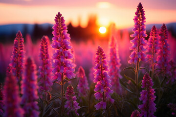 Fototapeta premium Vibrant Sunset Over a Field of Purple Wildflowers