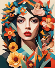 abstract collage art style portrait portrait of a beautiful young woman in a modern geometric style with cut out paper floral motif