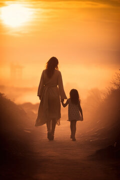 Woman And Young Girl Walking Down A Rural Road At Sunset Time.  Back View, Rear View, Full View.