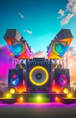 Photo of a stage with speakers and lights for a live performance or event