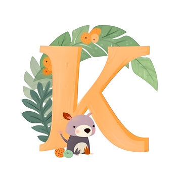Alphabet K with cute animals and leaves. Cartoon vector illustration.