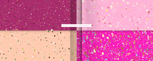 Barbie pink background Set seamless terrazzo patterns. Pattern for ceramics marble natural stone. Vector stock illustration textured shapes in vibrant colors