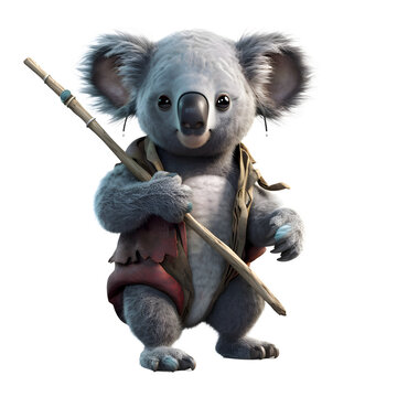 Cute koala with a spear in his hands - 3D render