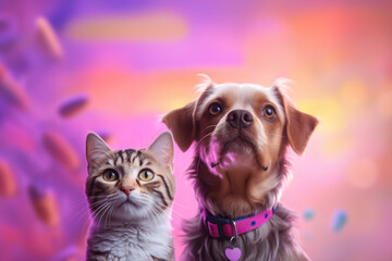 Cat and dog on colorful background.
