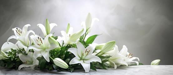 Beautiful white flowers, lilies , over marble background. Bouquet of flowers at cemetery , funeral concept. - obrazy, fototapety, plakaty
