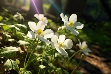 Fototapeta premium White anemone flowers in the forest. Springtime. Sunlight.