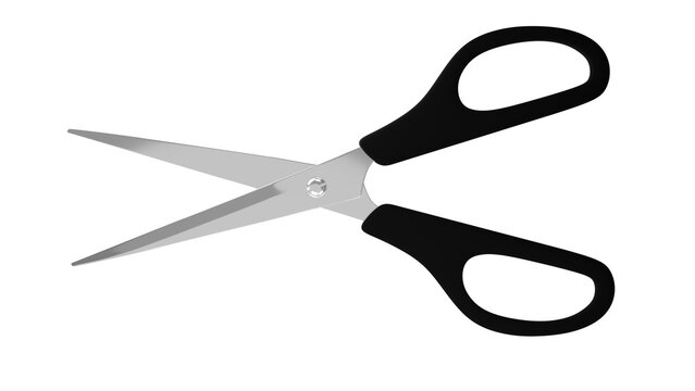 Opened steel scissors with black handle isolated on transparent and white background. Scissors concept. 3D render 