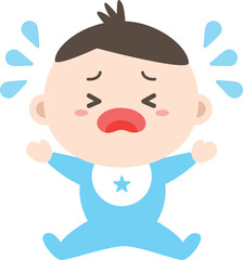 Baby boy sitting and crying with a sad face.