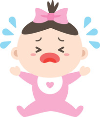 Baby girl sitting and crying with a sad face.