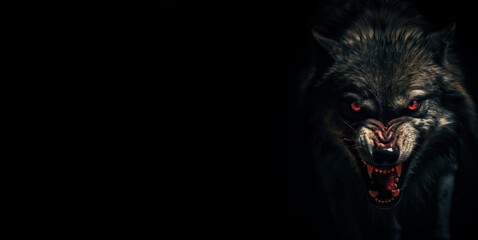 evil angry looking black wolf with glowing red eyes. header banner template.  sharp teeth. sharp fangs.  - obrazy, fototapety, plakaty