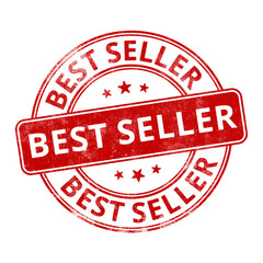 ‘Best Seller’ circular red rubber stamp seal with distressed texture isolated on transparent background