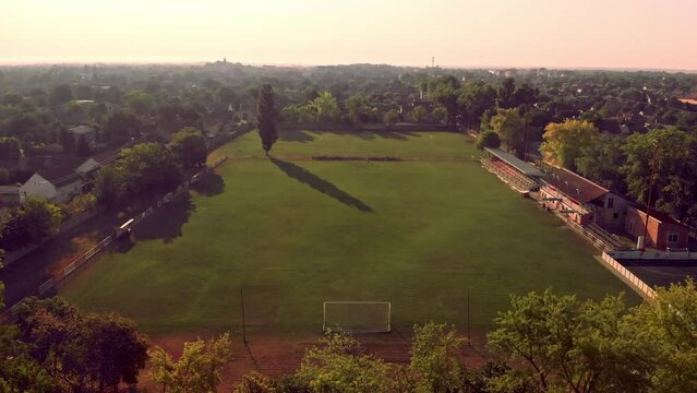 Sunrise over Small Football Pitch in Europe, TSK Stadium Temerin, Vojvodina, Serbia