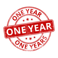 &lsquo;One Year&rsquo; circular red rubber stamp seal with distressed texture isolated on transparent background