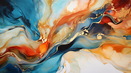 Abstrakcyjne tło - kolorowa akwarela na płótnie. Wzorzysty obraz. Niebieskie i pomarańczowe odcienie.  Złota farba. Tekstura do projektów banerów.