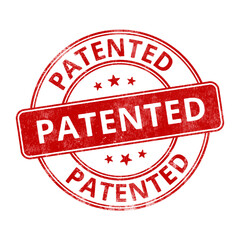 ‘Patented’ circular red rubber stamp seal with distressed texture isolated on transparent background