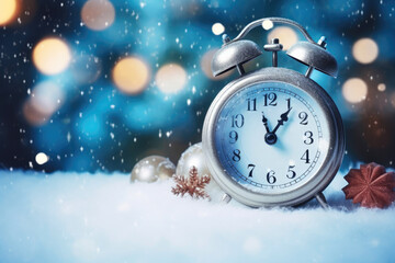 Fototapeta na wymiar New Year's Clock and Tree in Frosty Beauty